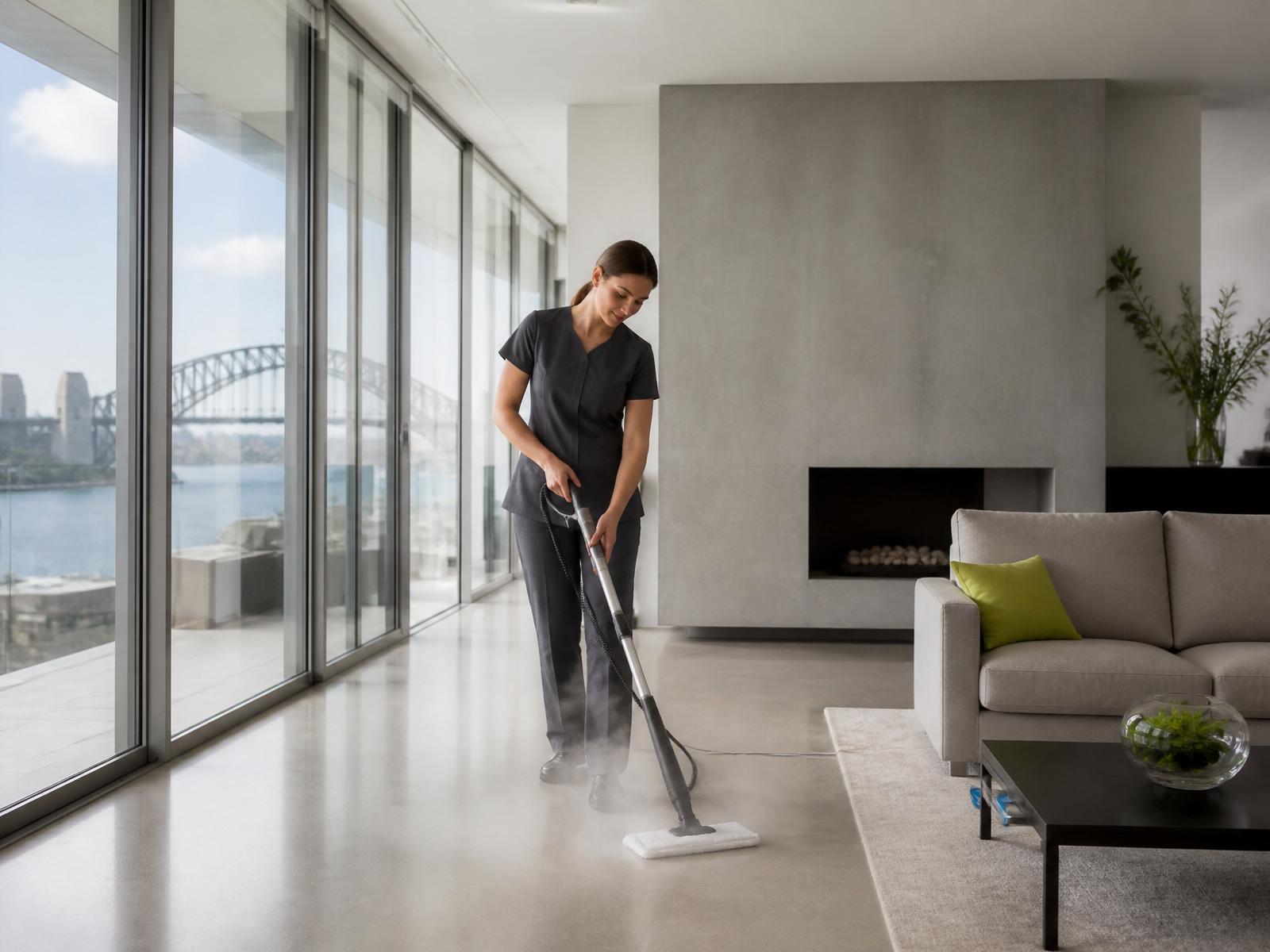 Professional cleaner detailing a bright modern Sydney home